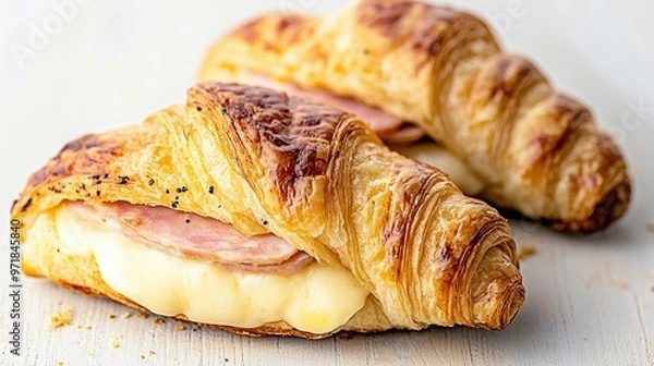 Fototapeta Ham and Cheese Croissants on White Wooden Table
