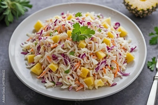 Fototapeta Pineapple Coleslaw: Overhead view of pineapple coleslaw spread thinly on a white plate