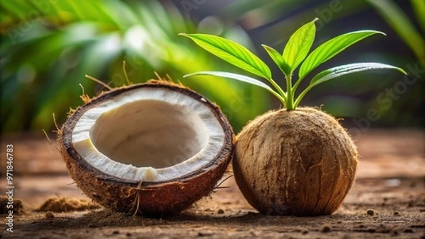 Fototapeta A delicate coconut shell cradles a tiny palm tree, its fronds unfurling from a narrow crevice, as if