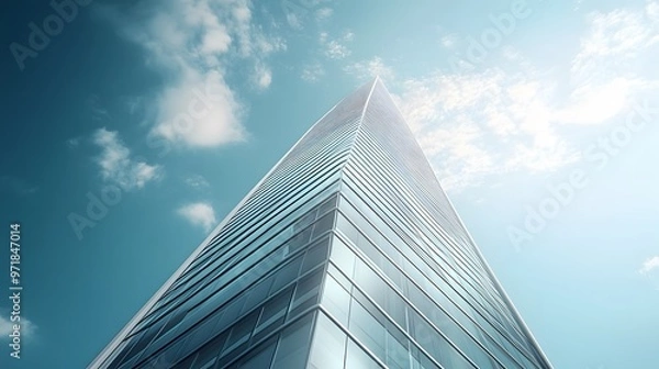Fototapeta Low Angle View of a Tall Glass Skyscraper Against a Blue Sky with White Clouds