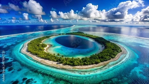 Fototapeta • Aerial view of Rangiroa Atoll, a coral reef surrounding a vast turquoise lagoon in the South Pacific's