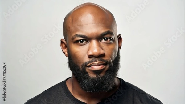 Fototapeta A powerful Black man stands confidently, his shaved head and neatly trimmed beard a symbol of strength and