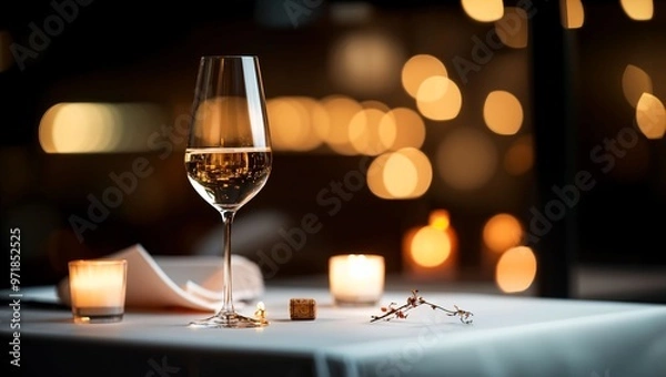 Fototapeta An enchanting dining experience, featuring a crystal-clear wine glass beside a soft candle glow and delicate petals, setting a romantic tone for a perfect evening together.