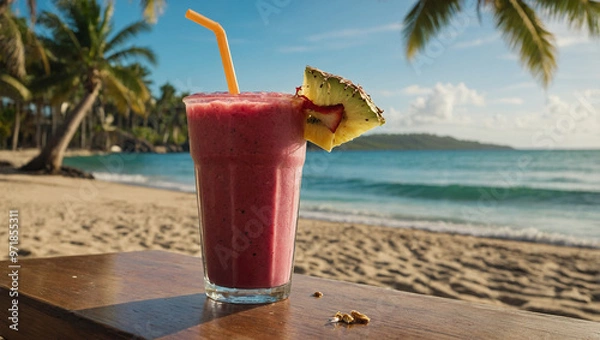 Fototapeta Tropical smoothie with a straw and umbrella, placed on a beachside table with waves and palm trees in the background.