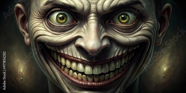 Fototapeta A haunting, exaggerated facial expression featuring a wide, toothy grin and sunken eyes that convey an unsettling sense