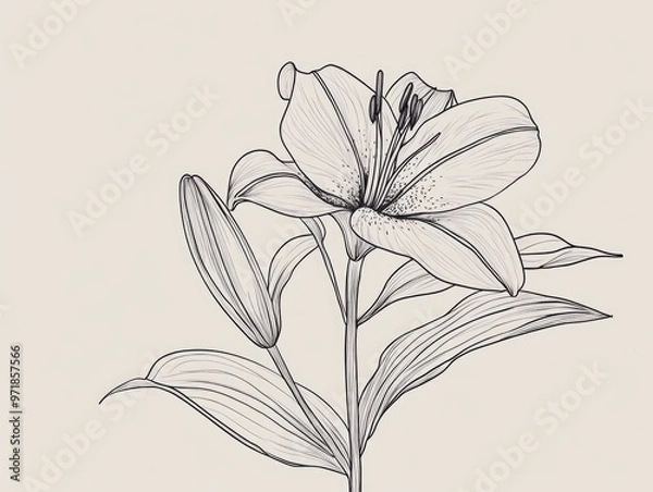 Fototapeta Continuous line art drawing of a lily flower in minimalistic style Floral and plant design illustrated with a single unbroken line