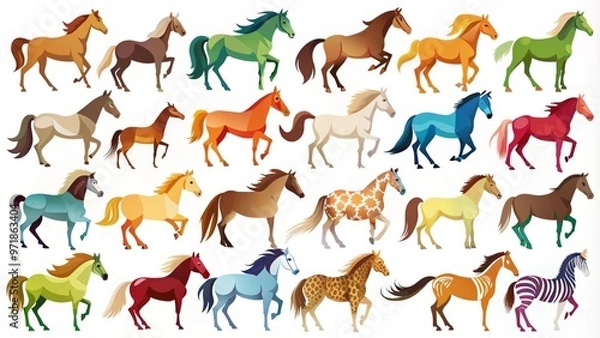 Fototapeta Horse symbols in bold blue, bright red, and soft cream emerge against a pristine white background, diverse and