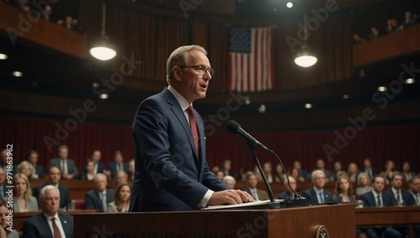 Obraz Politician giving a speech in front of assembled audience indoors