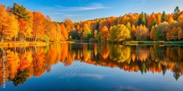 Fototapeta Serene lake in autumn forest with orange and yellow trees