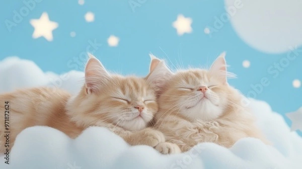Fototapeta Adorable Kittens Sleeping on Fluffy Clouds with Starry Sky