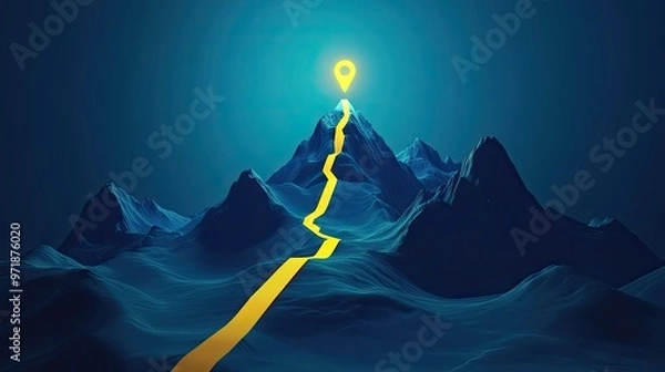 Fototapeta A glowing path leads to a destination pin atop a mountain peak, symbolizing goal achievement, direction, and progress.