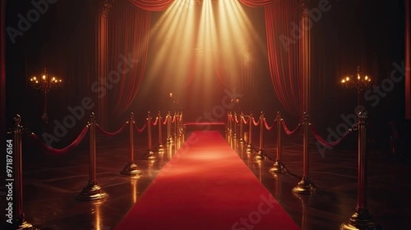 Obraz A grand, luxurious red carpet pathway illuminated by dramatic spotlight.