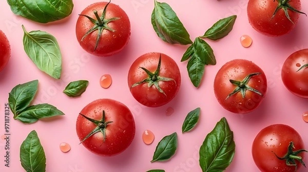 Fototapeta Creative layout made of tomato and leaves on pink and white background Flat lay Food concept : Generative AI