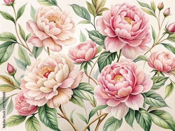 Fototapeta Delicate, hand-painted peony illustration in soft pink hues, adorned with intricate details and gentle foliage, evoking a sense of vintage elegance and refinement.
