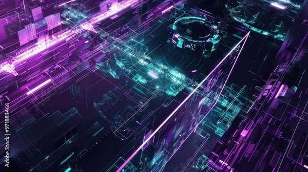 Fototapeta Abstract Cyberpunk Cityscape with Glowing Neon Lights