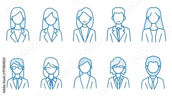 Fototapeta Minimalist Blue Line Art Icon Set of Avatar and Business People in Office Attire on White Background | Simple 2D Flat Vector Illustration for Profiles and Social Media
