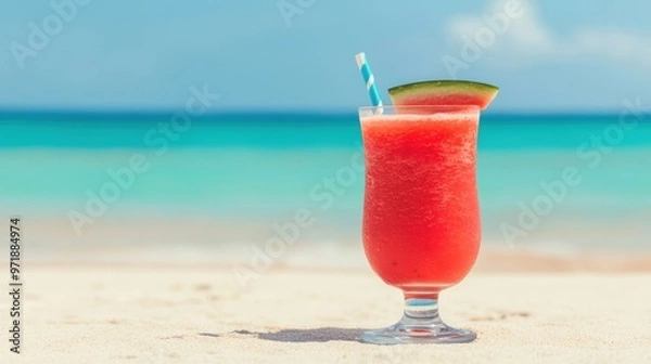 Fototapeta A delicious watermelon smoothie sits on warm sand near sparkling turquoise waters on a sunny beach day