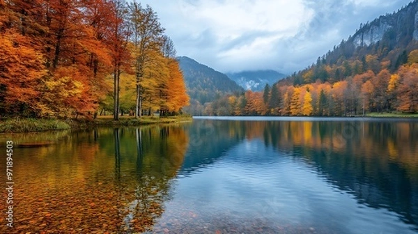 Fototapeta Breathtaking autumn scene of Schiederweiher pond Poppular travell destination Location Hinterstoder Kirchdorf an der Krems district Upper Austria Austria Europe : Generative AI