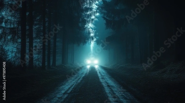 Obraz A dark forest road with headlights on