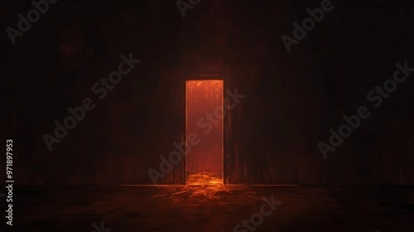 Obraz A dark room with an open door. Cinematic light shines through the gap. The walls on both sides emit faint red smoke from behind them, creating a mysterious and eerie atmosphere
