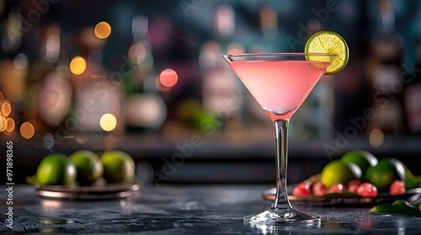 Fototapeta A classic Cosmopolitan cocktail served in a martini glass, with a light pink hue and a lime twist garnish. The glass is set on a sleek bar counter with a chic, urban background, 