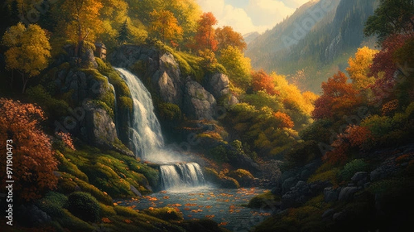 Fototapeta This vibrant painting captures a majestic waterfall cascading gracefully into a crystal-clear pool, surrounded by a lush, verdant forest.