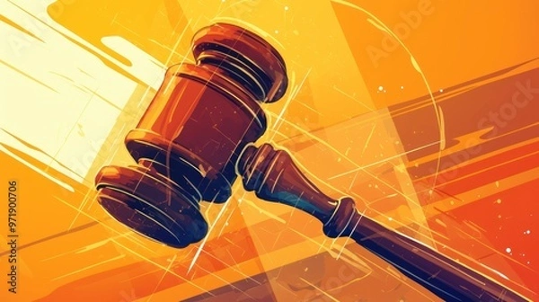 Obraz Digital art of a court hammer featuring a digital graphic form, featuring bold color elements and shining lights to symbolize innovation and legal security.