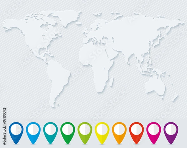 Obraz World map and set of colorful map pointers