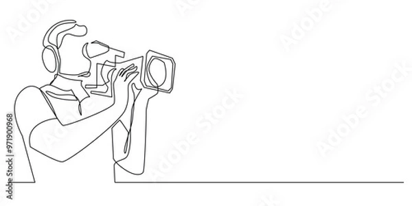 Fototapeta continuous line of cameraman.one line image of person taking video on film production.single line of person with film camera.isolated white background
