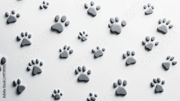 Fototapeta Small animal paw prints are scattered across light background, creating playful and whimsical pattern. These prints evoke sense of curiosity and joy