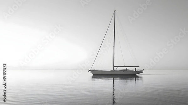 Fototapeta A minimalist yacht with sleek lines sailing in calm waters against a clear sky.