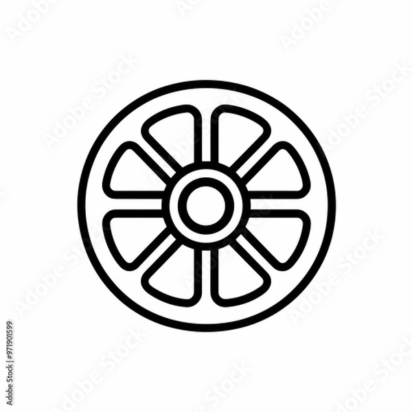 Fototapeta This graphic features a minimalist black and white wheel icon, showcasing a flower-like pattern in its center, ideal for modern design projects