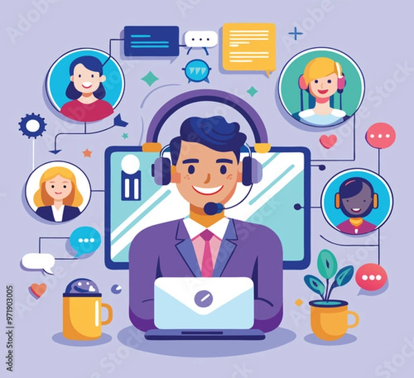 Fototapeta Online customer service, representative assisting via chat, flat design illustration