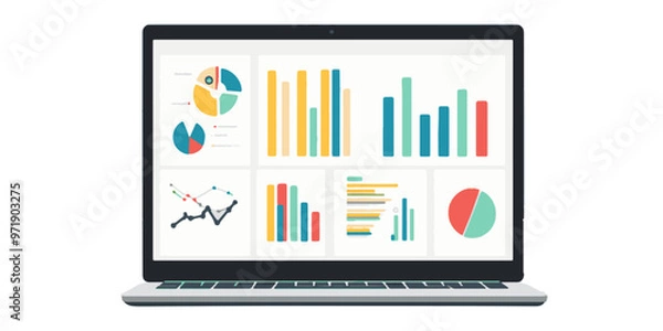 Fototapeta A laptop with the screen displaying various marketing images and graphs, a vector flat icon illustration on a white background