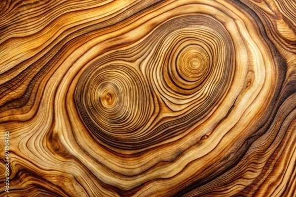 Fototapeta Natural close-up of ash tree wood grain featuring intricate patterns of light and dark brown swirls, with prominent growth rings and subtle texture.