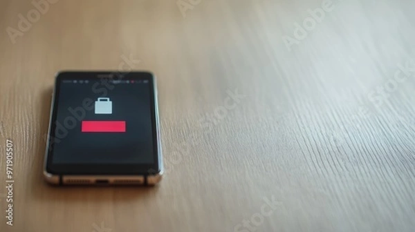 Fototapeta Close-up of a modern smartphone with a battery indicator showing full charge, placed on a wooden table. The background is softly blurred, focusing on the device's safety features