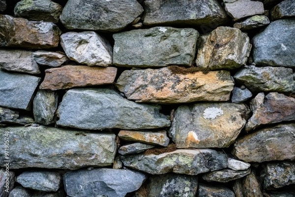 Fototapeta Close-up of a Stone Wall with Moss and Lichen