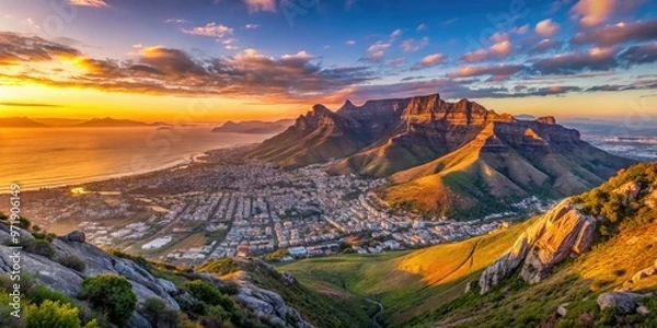 Fototapeta Panoramic sunrise view from Table Mountain's rugged slopes, overlooking Cape Town's sparkling cityscape, the Atlantic Ocean, and distant Hottentots Holland Mountains.