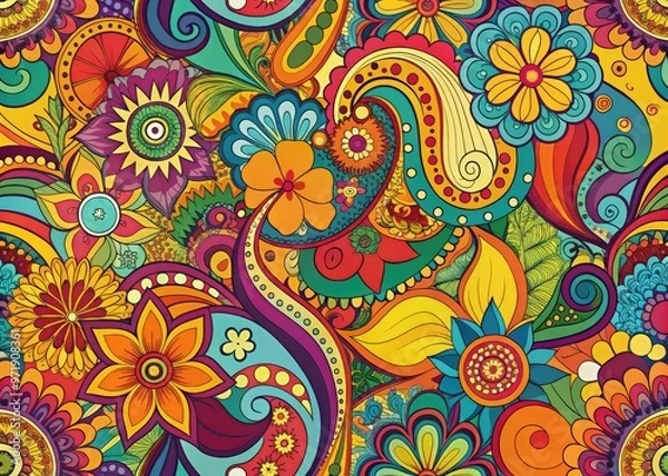 Obraz Retro psychedelic illustration featuring a vibrant, swirling pattern of paisley shapes, flowers, and abstract designs in bold colors, evoking a nostalgic 1960s aesthetic.