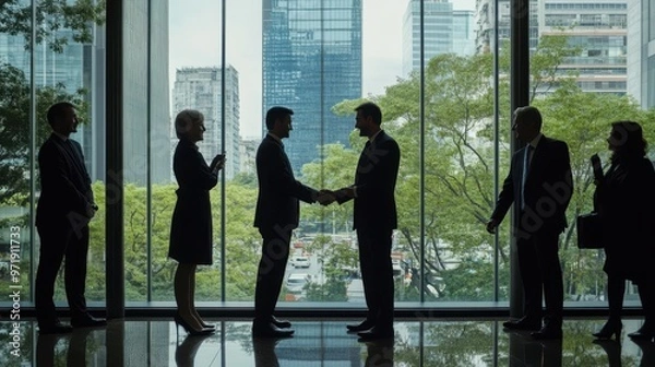 Fototapeta A diverse group of business leaders shake hands in a sleek office lobby, with a vibrant cityscape visible through large windows