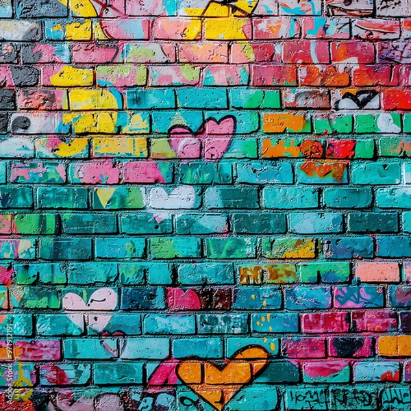 Obraz  A vibrant graffiti-covered brick wall with hearts and colorful designs,