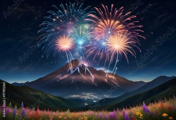 Obraz Colorful fireworks exploding over a calm lake with mountains in the background
