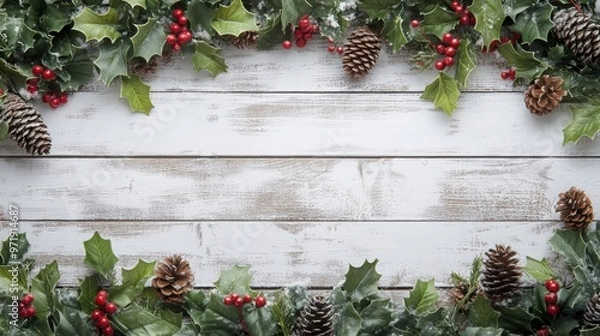 Obraz Christmas holly with pine cones and red berries on white wooden shiplap background