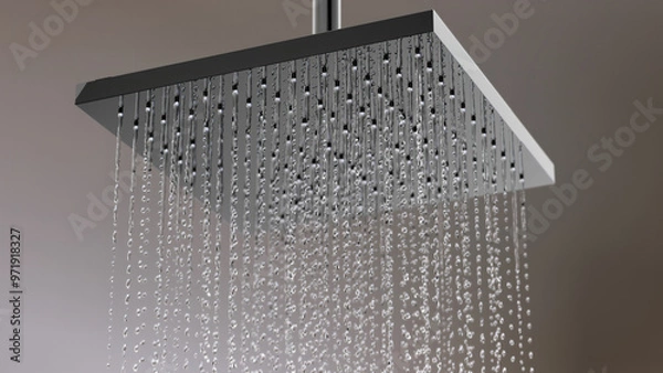 Obraz Closeup Rain shower droplet water isolate on black background. front view. 3D render.
