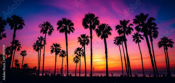 Fototapeta Silhouettes of palm trees against a vibrant pink and orange sunset over a beach.