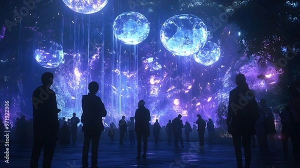 Fototapeta People enjoying an immersive entertainment experience in a futuristic park powered by IoT devices and blockchain technology