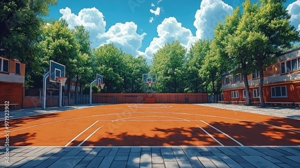 Fototapeta Basketball Court Surrounded by Buildings and Trees