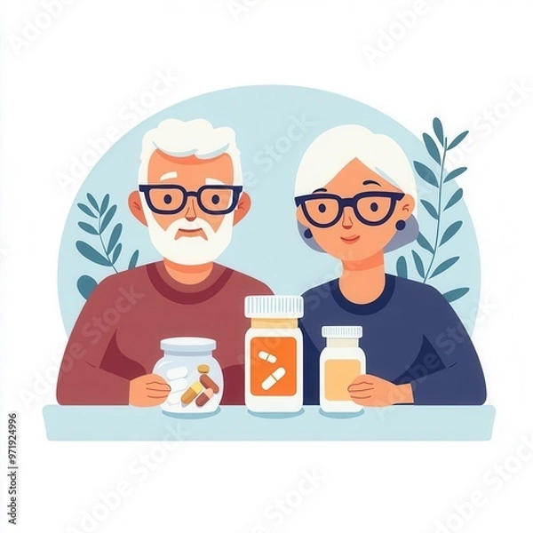 Fototapeta Elderly couple taking vitamins, daily wellness routine, flat design, bright colors, isolated on white background