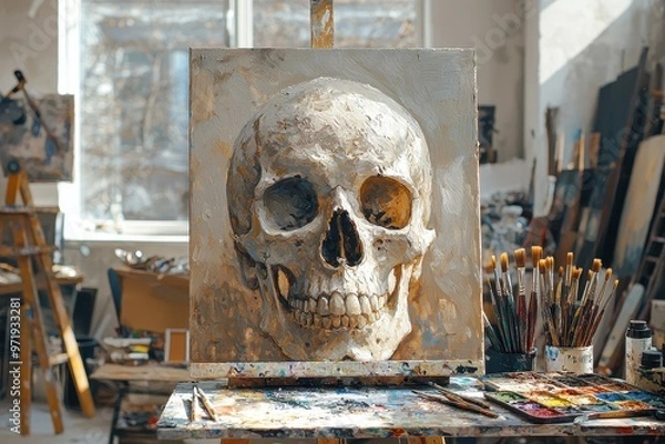 Fototapeta A realistic skull painting displayed in a vibrant artist's studio setting.