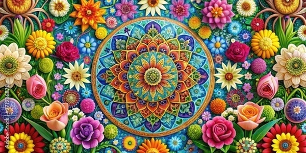 Obraz Vibrant illustration of Nowruz festivities featuring colorful blooms, swirling patterns, and traditional Persian motifs, symbolizing renewal and new life in the spring equinox celebration.